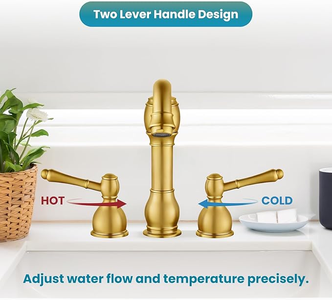 gotonovo 8 Inch Widespread Bathroom Faucets for Sink 3 Hole 2 Lever Handle Deck Mount with Pop Up Drain Hot and Cold Water Supply Lines Brushed Gold