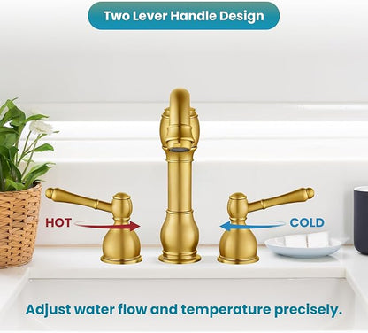 gotonovo 8 Inch Widespread Bathroom Faucets for Sink 3 Hole 2 Lever Handle Deck Mount with Pop Up Drain Hot and Cold Water Supply Lines Brushed Gold