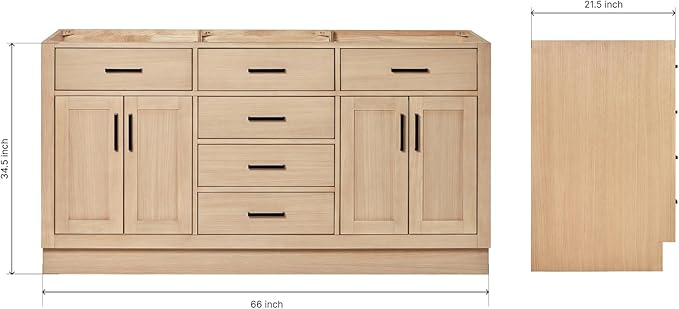 ARIEL Hepburn 66-inch Bathroom Vanity Base Cabinet,Solid Wood, 4 Soft Closing Doors, 6 Dovetail Drawers, White Oak