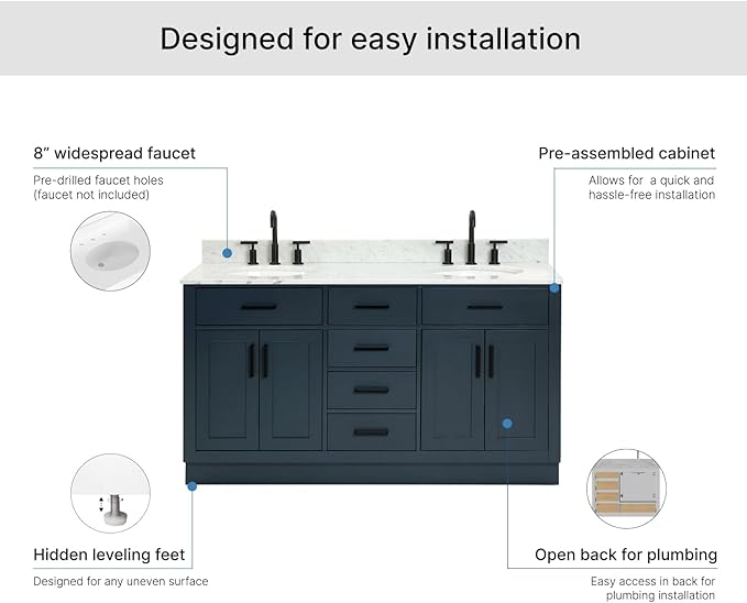 ARIEL Hepburn 60-inch Bathroom Vanity with Sink,Solid Wood, 0.75-inch Italian Carrara Marble Countertop, Double Oval Porcelain Sink, 4 Soft Closing Doors, 6 Dovetail Drawers, Midnight Blue