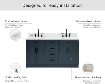 ARIEL Hepburn 60-inch Bathroom Vanity with Sink,Solid Wood, 0.75-inch Italian Carrara Marble Countertop, Double Oval Porcelain Sink, 4 Soft Closing Doors, 6 Dovetail Drawers, Midnight Blue