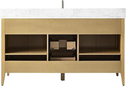 HOMEBEYOND 60" Bathroom Vanity with Single Sink, Solid Wood Bathroom Vanity Free-Standing Cabinet, Ceramic Top & Soft Closing Door, Golden Brushed Handware, Natural Oak