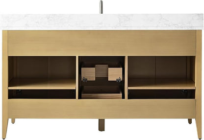 60" Bathroom Vanity with Single Sink, Solid Wood Bathroom Vanity Free-Standing Cabinet, Ceramic Top & Soft Closing Door, Golden Brushed Handware, Natural Oak