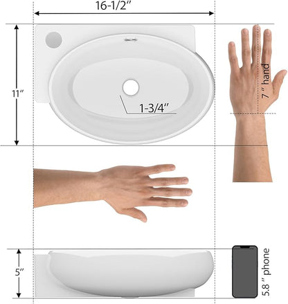 Mocoloo Wall Mounted Bathroom Sink Left Corner Floating Sinks with Faucet Hole 16 Inch White ADA Compliant Ceramic Bathroom Sink Wall Hung Porcelain with Overflow Hole Hand Basin