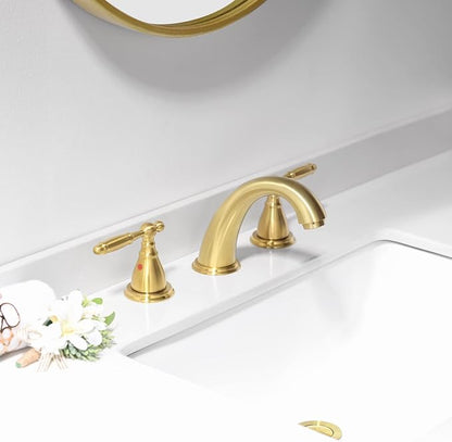 Widespread Brushed Gold 8 Inch 3 Hole 2-Handle Bathroom Faucet with Metal Pop-Up Drain Assembly, Low Arc Bathroom Sink Faucet, WF008-4-BG