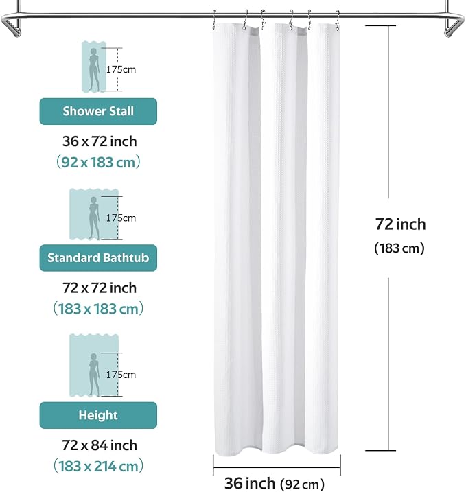 3 in 1 Shower Curtain Set, Waffle Shower Curtain and Liner Set with 6 Double Sided Shower Curtain Hooks, 258GSM Luxury Weighted Cloth Shower Curtain for Shower Stall, 36 W x 72 H, White