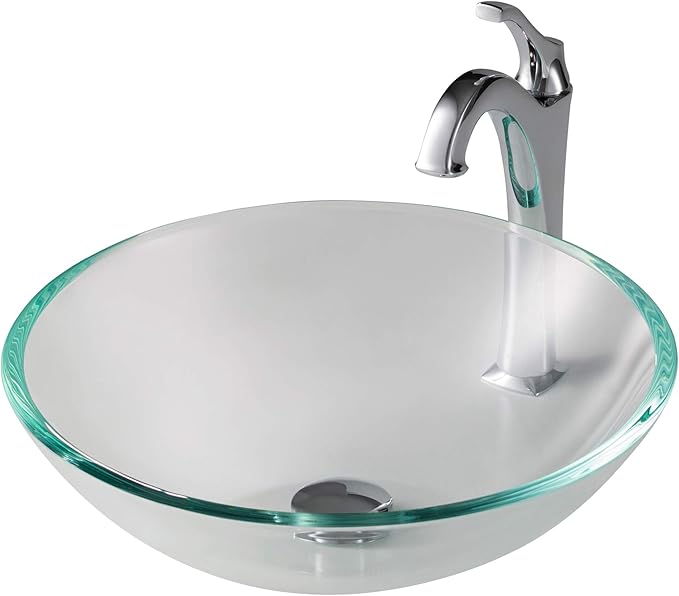 KRAUS 16 1/2-inch Crystal Clear Glass Bathroom Vessel Sink and Arlo™ Faucet Combo Set with Pop-Up Drain, Chrome Finish