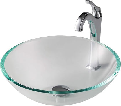KRAUS 16 1/2-inch Crystal Clear Glass Bathroom Vessel Sink and Arlo™ Faucet Combo Set with Pop-Up Drain, Chrome Finish