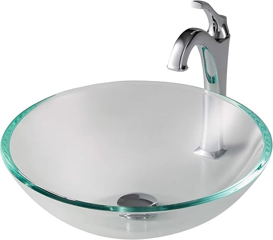 KRAUS 16 1/2-inch Crystal Clear Glass Bathroom Vessel Sink and Arlo™ Faucet Combo Set with Pop-Up Drain, Chrome Finish