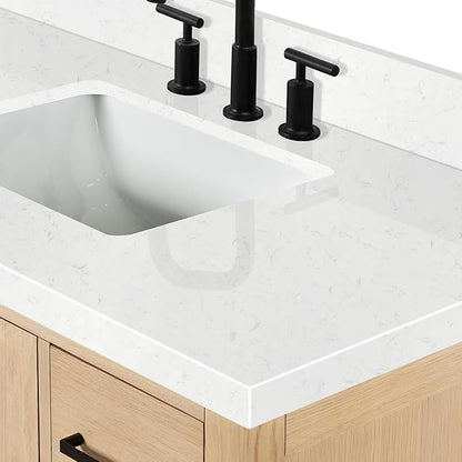 ARIEL 42 inch Bathroom Vanity top with Sink, 1.5 Inch Thick Miter Edge Carrara White Quartz top, Rectangle Single Porcelain Sink, Includes Backsplash