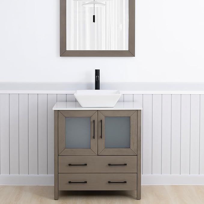 Vanity Art 30 Inch Vessel Single Sink Bathroom Vanity Cabinet with 1 Mirror, Engineered Marble Top Bathroom Cabinet Compact Set with 2 Dovetail Drawers and Soft Closing Doors, VA3130-DG
