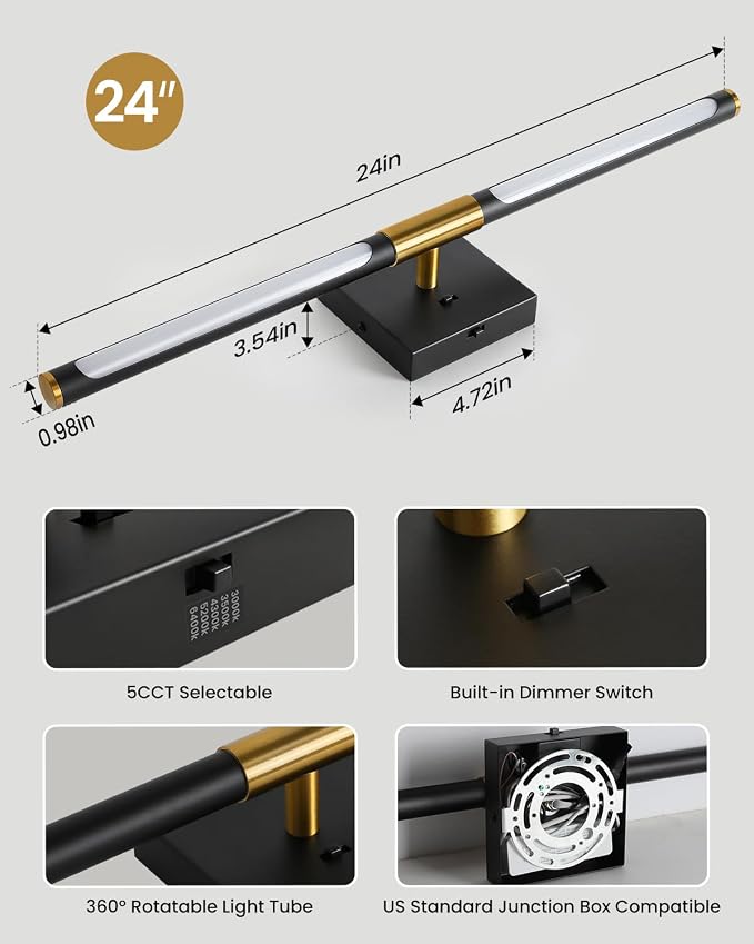 Epinl Black Gold Vanity Light for Bathroom, 24 inch 5CCT 360° Rotatable Bathroom Light Fixture Over Mirror Dimmable LED Vanity Lighting Fixtures Modern Bathroom Wall Light