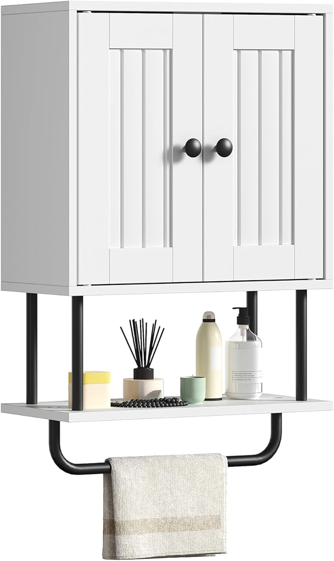 HOOBRO Bathroom Wall Cabinet, Modern Medicine Cabinet with Open and Adjustable Shelf, Over The Toilet Storage Cabinet with Towel Bar, Wall Mounted Organizer for Bathroom, Kitchen, White and Black
