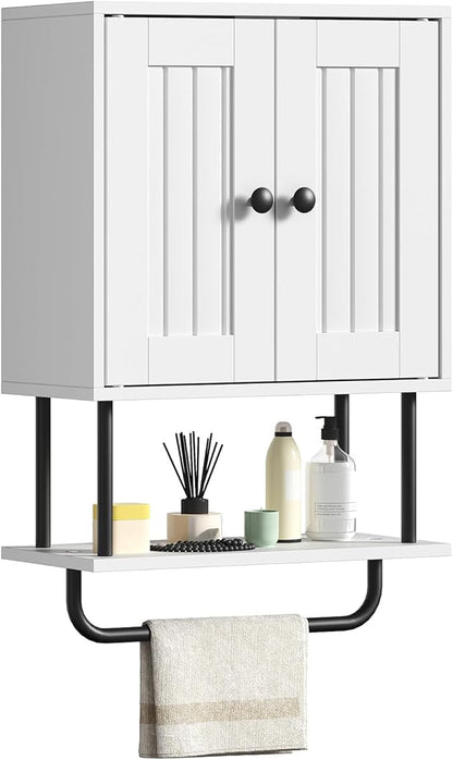 HOOBRO Bathroom Wall Cabinet, Modern Medicine Cabinet with Open and Adjustable Shelf, Over The Toilet Storage Cabinet with Towel Bar, Wall Mounted Organizer for Bathroom, Kitchen, White and Black