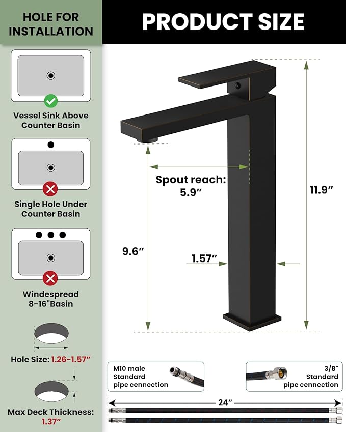 gotonovo Vessel Sink Faucet Single Handle Tall Bathroom Faucet One Hole Modern Lavatory Vanity Basin Mixer Tap Matching Supply Hoses and Pop up Drain Without Overflow, Oil Rubbed Bronze