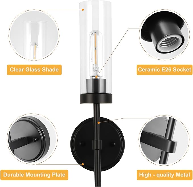 WILON Bathroom Wall Sconces Vanity Light Fixtures, Black, 2 pcs | Clear Glass Shade, 60W MAX, Modern Farmhouse Style for Vanity Mirror Bedroom Bedside Hallway Corridor Stairs bathroom