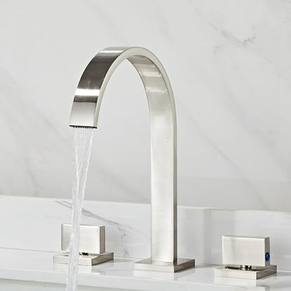 Bathroom Basin Mixer Faucet 3 Hole Brass Hot and Cold Water Double Handle 3 Hole Basin Faucets-Brushed