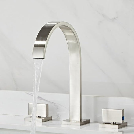 Bathroom Basin Mixer Faucet 3 Hole Brass Hot and Cold Water Double Handle 3 Hole Basin Faucets-Brushed