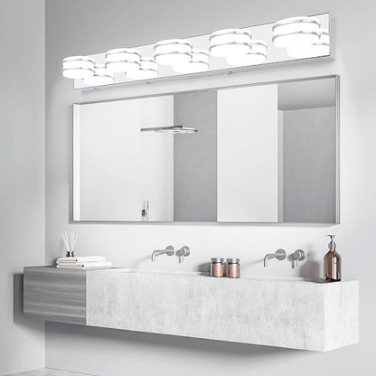 3 Color Temperature Dimmable Bathroom Light Fixtures over Mirror, LED Chrome 5 Light Vanity Lighting Fixtures, Acrylic Stainless Steel Square Shade Vanity Lights for Bathroom, ETL Certificated