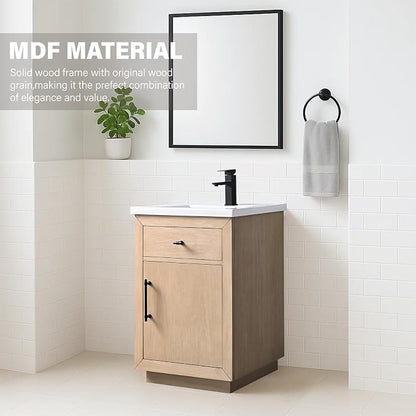 24 Inch Bathroom Vanity with Single Sink & Ceramic Top, MDF Material Vanity Cabinet with Basin Combo, Soft-Closing Doors, Removable Shelf, Backsplash