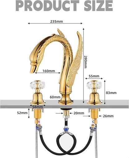 Golden Ornate Swan Style Bathroom Sink Faucet Combo Deck Mount Sink Mixer Tap Set Hot Cold Water