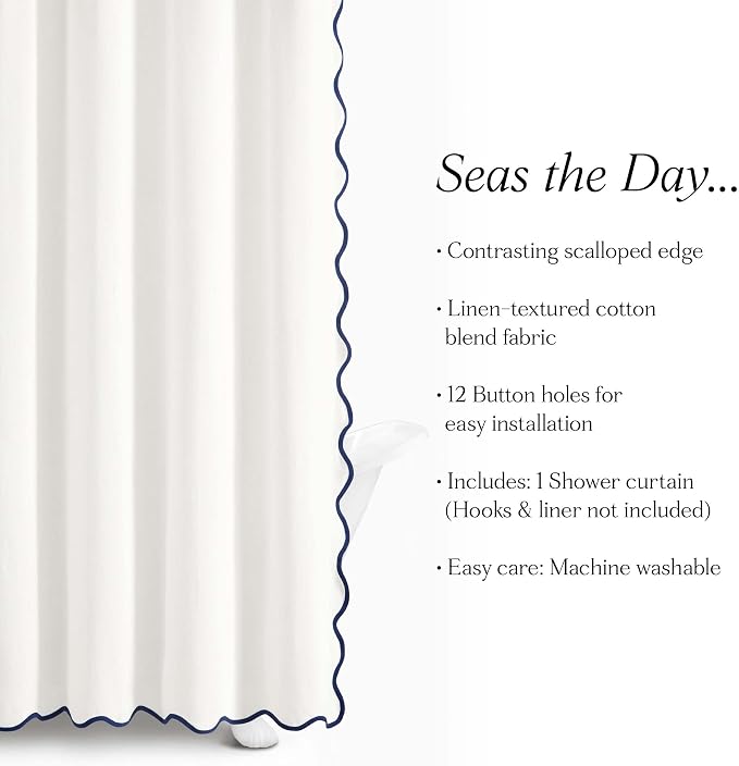 Lush Decor Coastal Chic Scallop Edge Linen-Textured Shower Curtain, Single 72" W x 72" L, Navy & White - Scalloped Shower Curtains - Coastal Bathroom Curtain