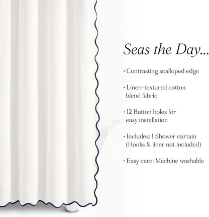 Lush Decor Coastal Chic Scallop Edge Linen-Textured Shower Curtain, Single 72" W x 72" L, Navy & White - Scalloped Shower Curtains - Coastal Bathroom Curtain