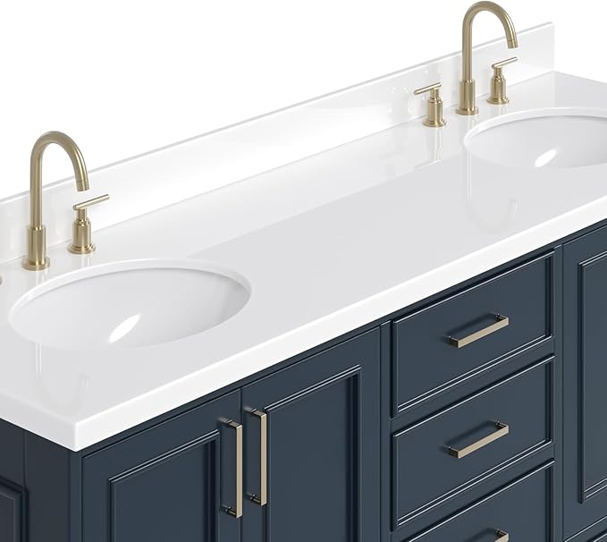 ARIEL Stafford 72-inch Bathroom Vanity with Sink,Solid Wood, 1.5-inch Pure White Quartz Countertop & Backsplash, Double Oval Porcelain Sink, 4 Soft Closing Doors, 6 Dovetail Drawers, Midnight Blue