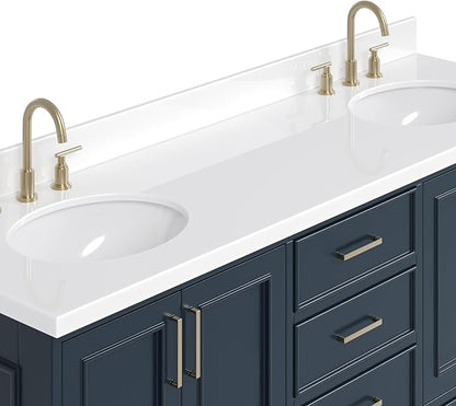 ARIEL Stafford 72-inch Bathroom Vanity with Sink,Solid Wood, 1.5-inch Pure White Quartz Countertop & Backsplash, Double Oval Porcelain Sink, 4 Soft Closing Doors, 6 Dovetail Drawers, Midnight Blue