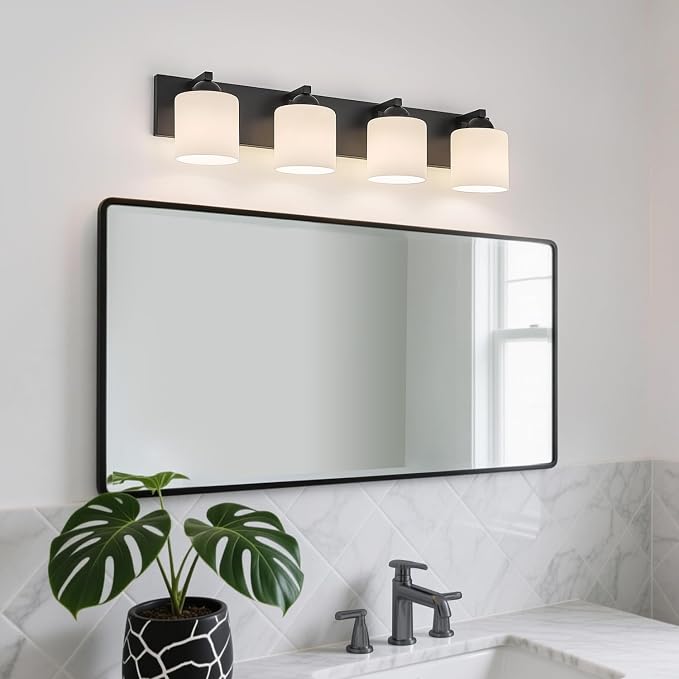 mirrea 4-Light Black Bathroom Vanity Light with White Glass Shades | makeup vanity illumination grooming station light over-sink wall lamp renovate remodel refresh decorate