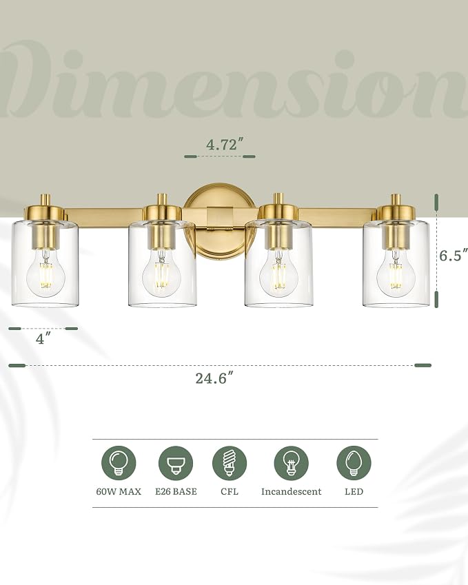 Ken & Ricky 4 Light Brushed Gold Bathroom Vanity Lights Fixtures | Over Mirror,Modern Wall Sconce,E26，Clear Glass Shades For Living Room Bedroom Entryway