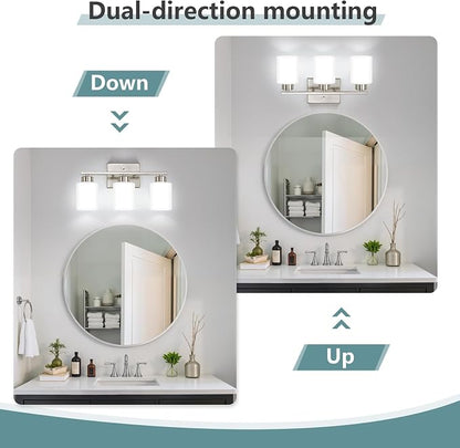 Brushed Nickel Bathroom Light Fixtures, 3-Light Modern Vanity Lights with Milky White Frosted Glass Shades, Wall Sconces for Mirror, Bathroom, Restroom (E26 Socket)