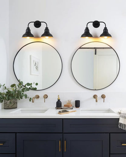 18-Inch 2-Light Farmhouse Bathroom Vanity Light Over Mirror, Black | Rustic industrial style, metal construction, 2 E26 sockets, 60W max each, dimmable, 7.08 in. shades, bathroom mirror, bedroom