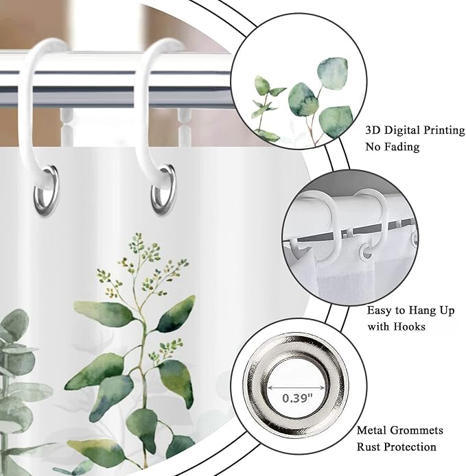 Botanical Shower Curtain, Green Eucalyptus Leaf Plants Bathroom Curtains Rustic for Bathtub Decor Machine Washable Waterproof Fabric with 12 Hooks and White 78''Lx72''W GCI-10119