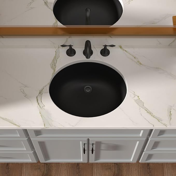 Lordear Undermount Black Bathroom Sink 18x15 Inch Bathroom Vanity Sinks Undermount Round Black Porcelain Ceramic Bathroom Under Counter Lavatory Vanity Sink Basin with Overflow