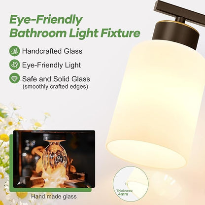3-Light Bathroom Light Fixtures, Brown and Gold Vanity Light with Milky White Frosted Glass Shades, Modern Vanity Lighting Fixtures for Bathroom, Mirror, Bedroom, Hallway, Living Room