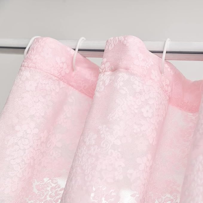 Pink Lace Shower Curtain 36x72, Cute Girly Half Size with Attached Valance | Vintage Floral Lace and Scalloped Trim Filter Soft Light for Romantic Shabby Chic Style in Stalls, RVs and Small bathrooms