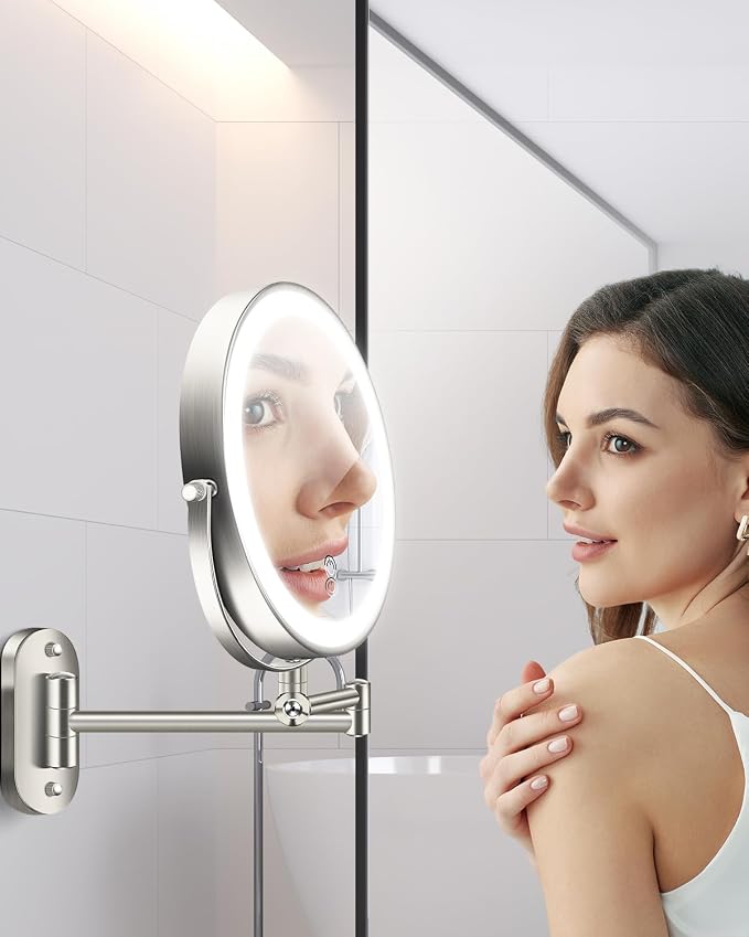 20X 9" Wall Mounted Magnifying Makeup Mirror with Light Height Adjustable | 5000mAh Double Sided Rechargeable LED Lighted Vanity Mirror with Magnification 3 Color Light up Extended Arm 360 Rotation