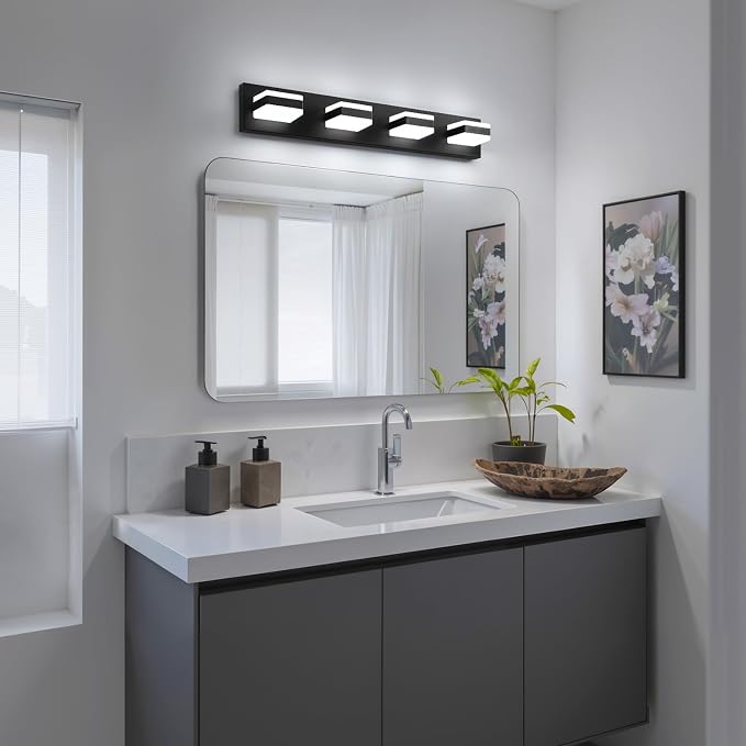 Bathroom Lighting Fixtures Over Mirror, 4 Light Black Vanity Light | Cool White, 5000K, Modern Vanity Wall Lights for Bath, Dressing Room, Restroom, 29.5 inch