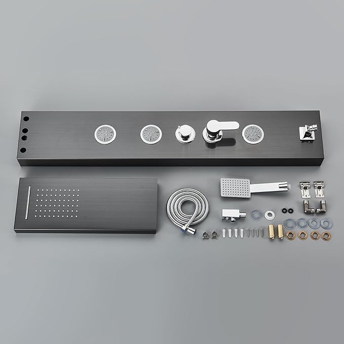 AlenArt Shower Panel Tower System, Multi Function Shower System with Body Jets, Handheld Sprayer, Rainfall Waterfall Shower Head and Tub Spout Stainless Steel Wall Mount Shower Panels Black