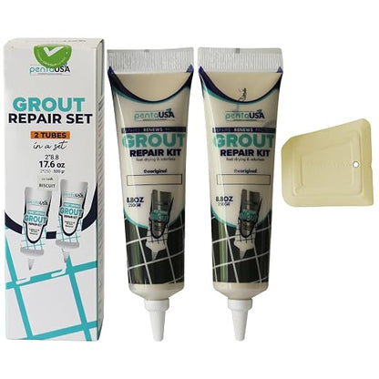 Premixed Tile Grout Repair- Biscuit Beige 2-Pack (17.6oz/500g) | Acrylic sanded formula, for bathroom shower kitchen tile, water-resistant, 24-hour cure, 58 sq ft, value 2-pack