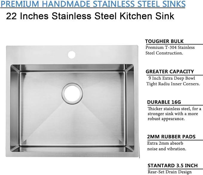 22x18 Inch Drop In Kitchen Sink, 22 Inch Topmount Outdoor Bar Sink, 16 Gauge Stainless Steel Single Bowl Brushed Nickel Small Kitchen Sink with Strainer Drain