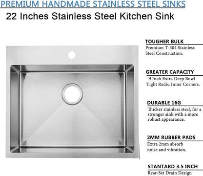 22x18 Inch Drop In Kitchen Sink, 22 Inch Topmount Outdoor Bar Sink, 16 Gauge Stainless Steel Single Bowl Brushed Nickel Small Kitchen Sink with Strainer Drain