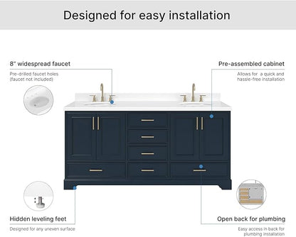 ARIEL Stafford 72-inch Bathroom Vanity with Sink,Solid Wood, 1.5-inch Pure White Quartz Countertop & Backsplash, Double Oval Porcelain Sink, 4 Soft Closing Doors, 6 Dovetail Drawers, Midnight Blue
