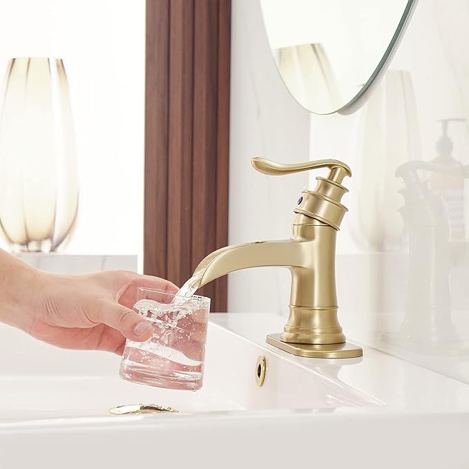 BWE Brass Gold Waterfall Sink Faucet for Modern & Traditional Bathroom | Wide Waterfall Spout, Ceramic Cartridge, Fits 1 or 3-Hole Sink, Single Handle, Hardware Kit Included, Not for Vessel Sink