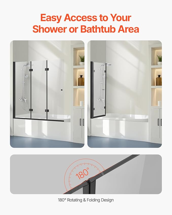 VEVOR Bathtub Shower Door, 51" W x 56" H, Frameless Foldable Hinged Shower Door, Tri-Fold Shower Glass Door with 1/4 in Tempered Glass Door, 180°Rotating and Folding Design, for Bathtub, Black