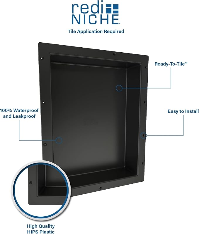 Tile Redi USA RN1620S-BI Redi Niche Single Recessed Shower Shelf, One Inner Shelf, 20" H x 16" W, Black
