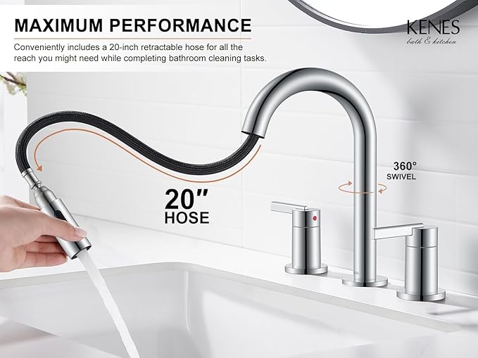 KENES Chrome Pull Down Bathroom Faucet, 8 Inch 2 Handle Widespread Bathroom Faucet 3 Hole with Pull Out Sprayer, Bathroom Sink Faucet with Pop Up Drain & Supply Lines LJ-9068-5