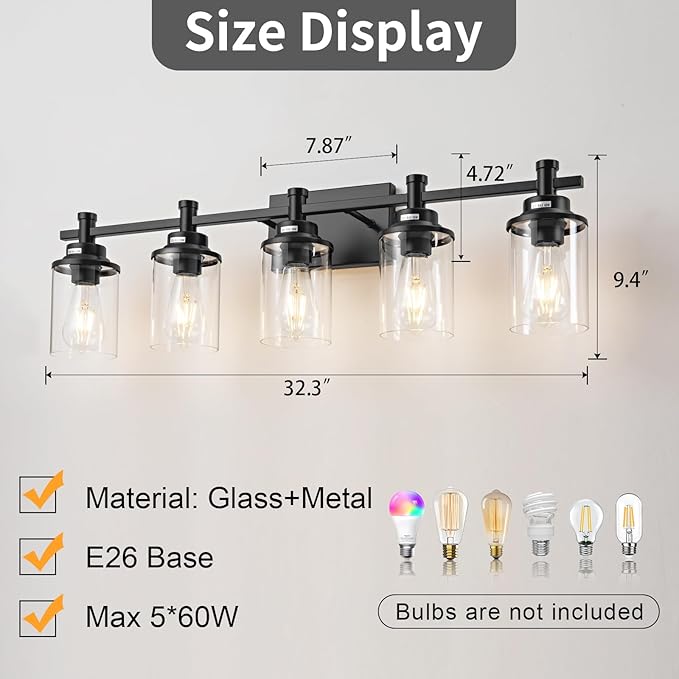 5-Light Black Bathroom Vanity Light, Modern Lighting Fixture With Clear Glass Shade, Wall Sconces Over Mirror