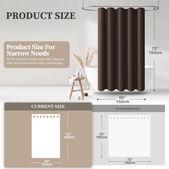 60x72 Linen Textured Waterproof Thick Fabric Shower Curtain Set, Brown | Narrow Size, 230GSM Polyester, Heavy Duty Cloth, Weighted Hem, 10 Plastic Hooks, Modern Luxury Hotel Style, Machine Washable